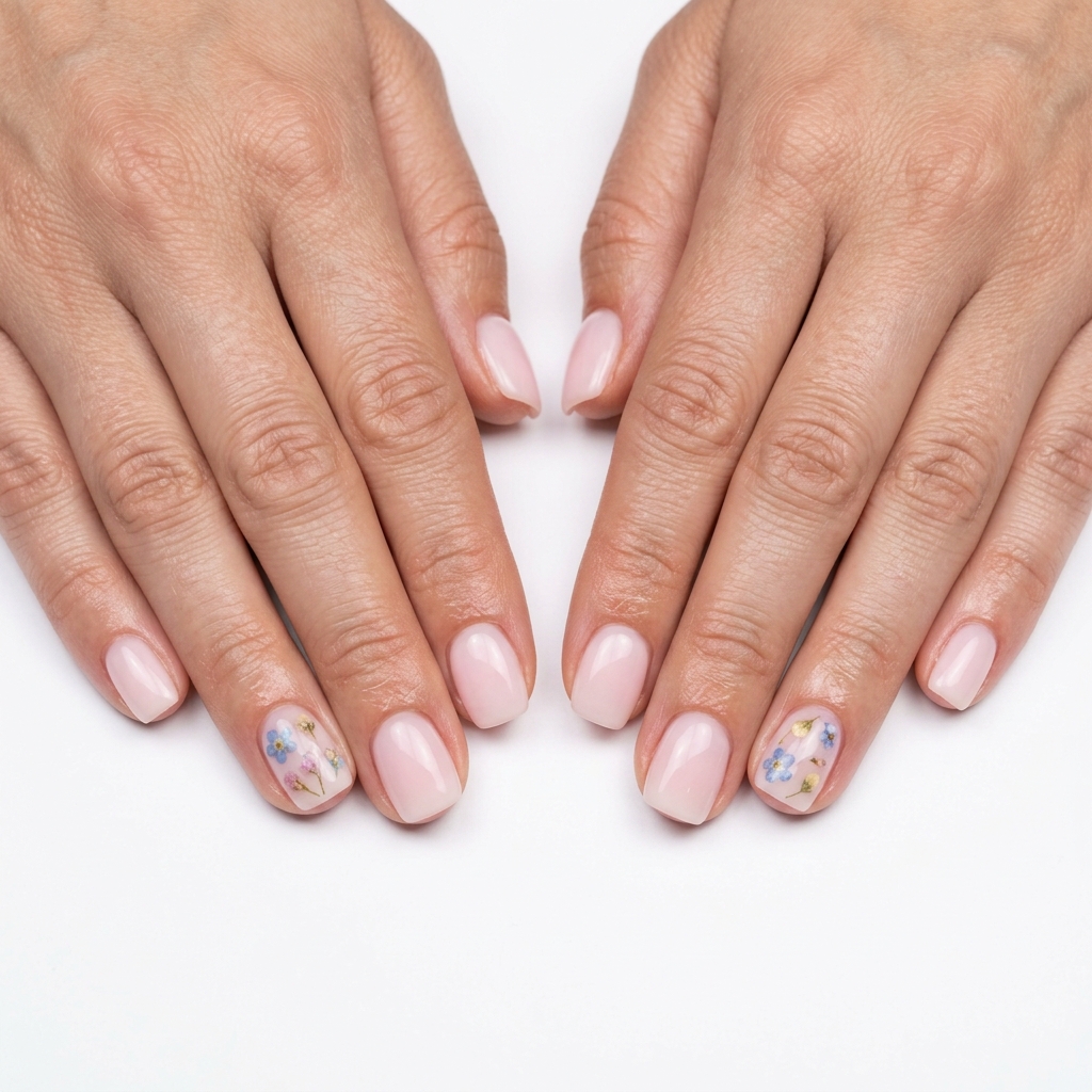 Milky pink floral garden squoval nails for summer nail manicure ideas 2026. Romantic wedding guest style.