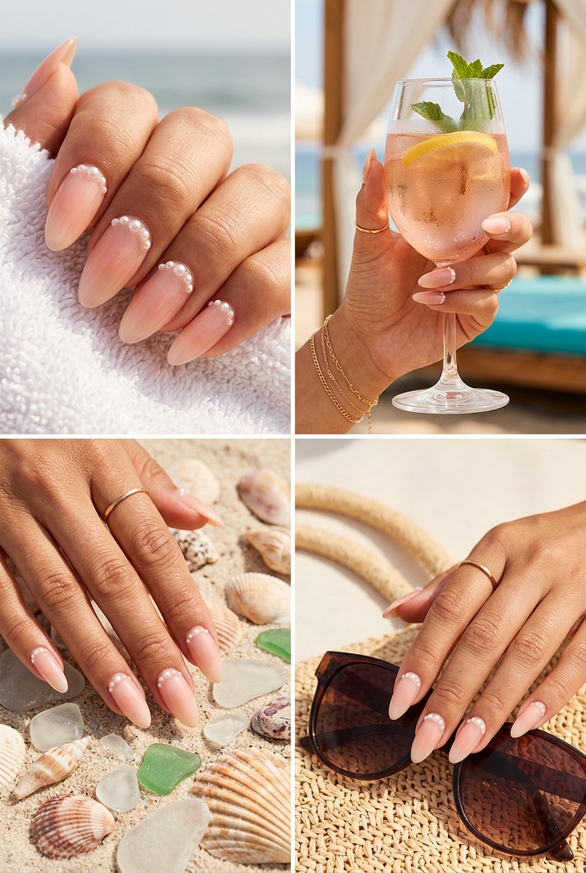 Peachy pearl ombre with pearls nails for summer nail manicure ideas 2026. Elegant wedding style.