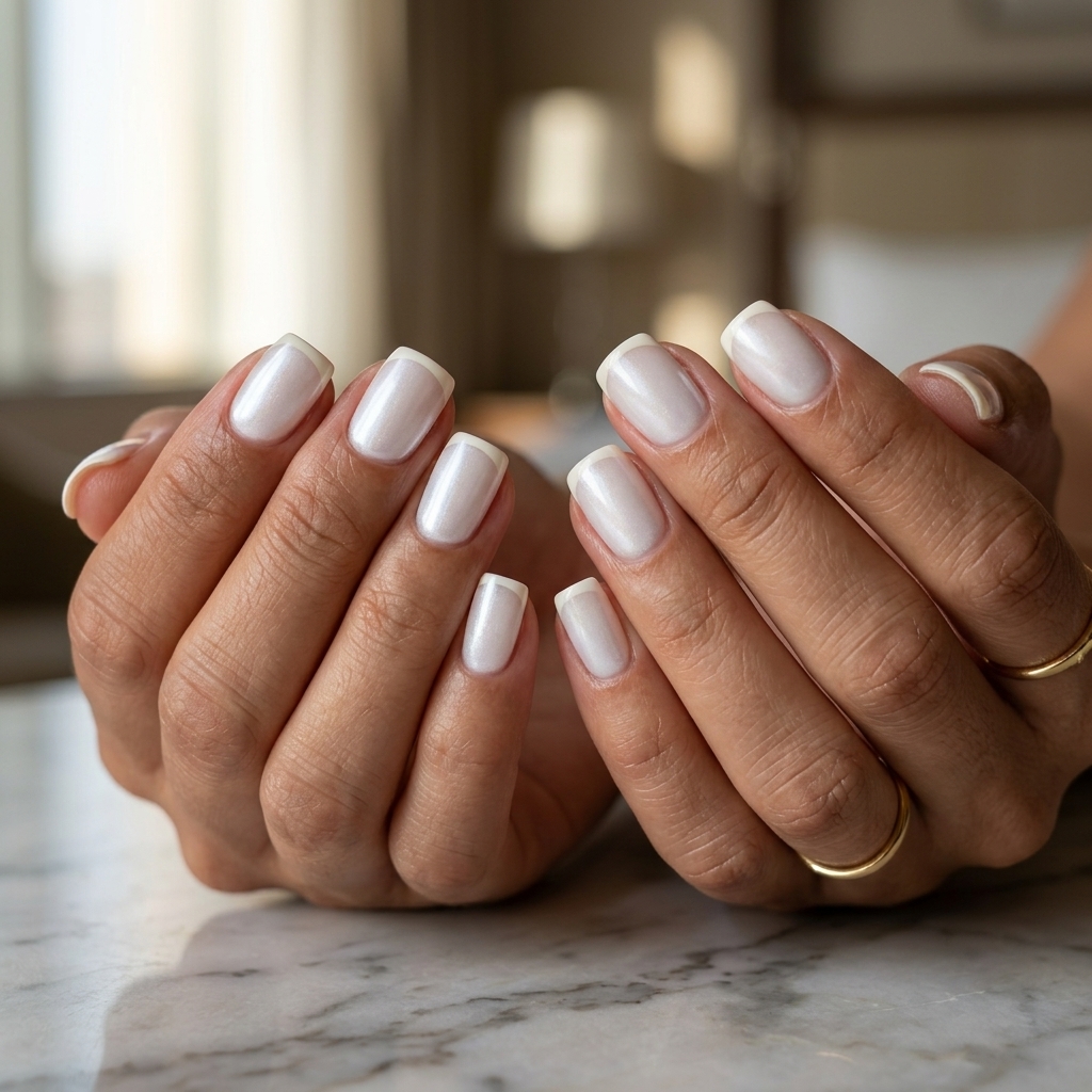 Pearlescent white nails with a micro ivory French tip for sophisticated summer nail manicure ideas 2026.