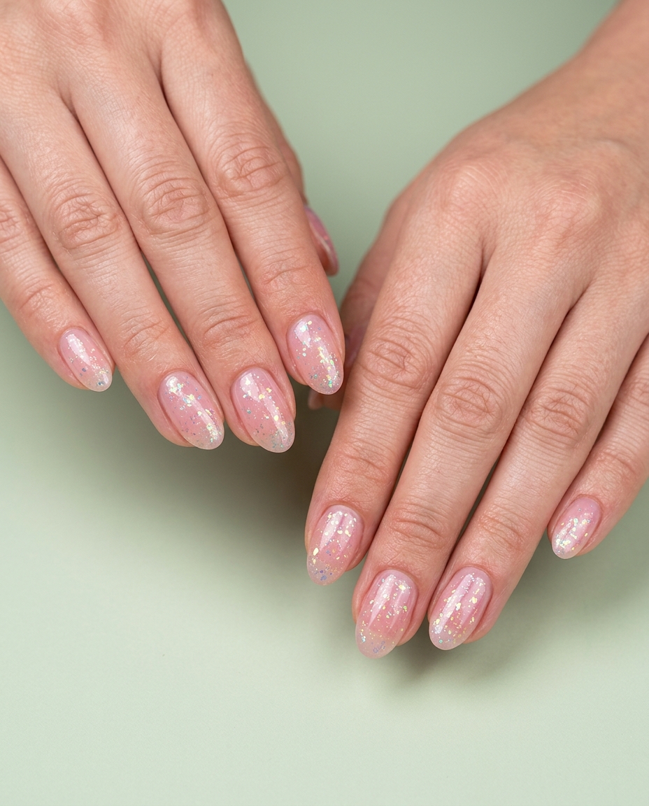 Sparkling pink jelly nails with glitter flakes for summer nail manicure ideas 2026, perfect for vacation.