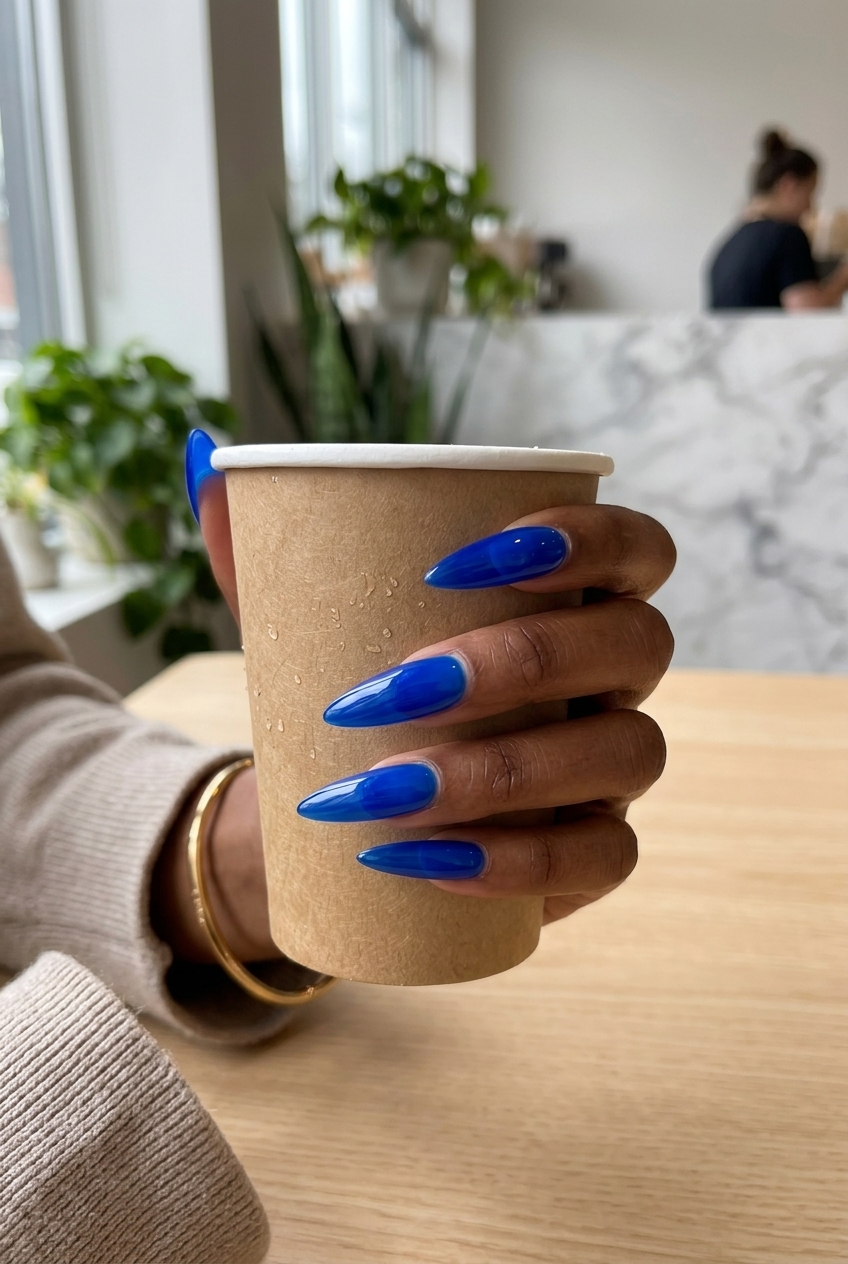 Cobalt blue jelly stiletto nails for dark skin 2026 - edgy gel polish for nights out.