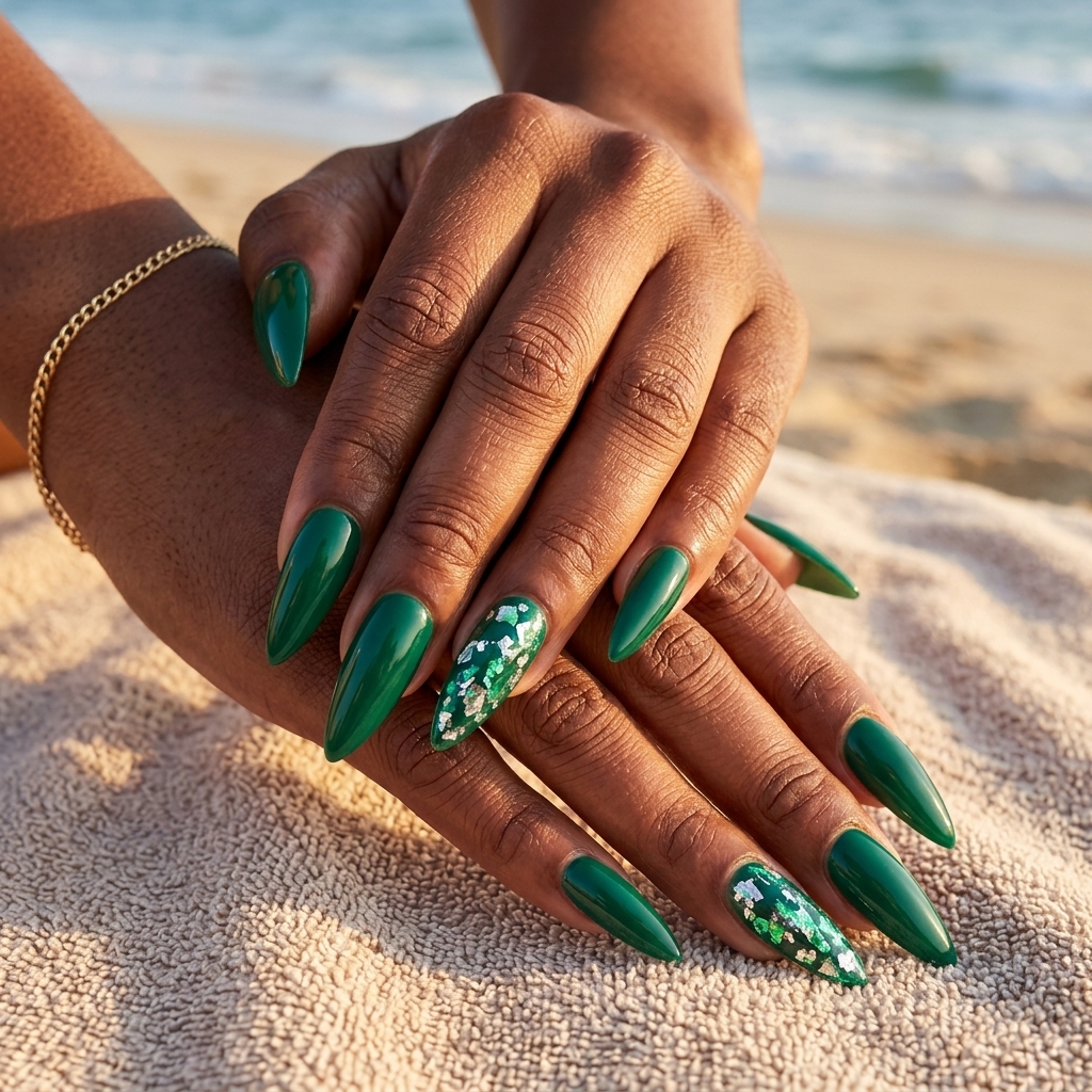 Emerald Accent Foil Flakes nails for summer nails for dark skin 2026. Deep green with holographic foil accents.