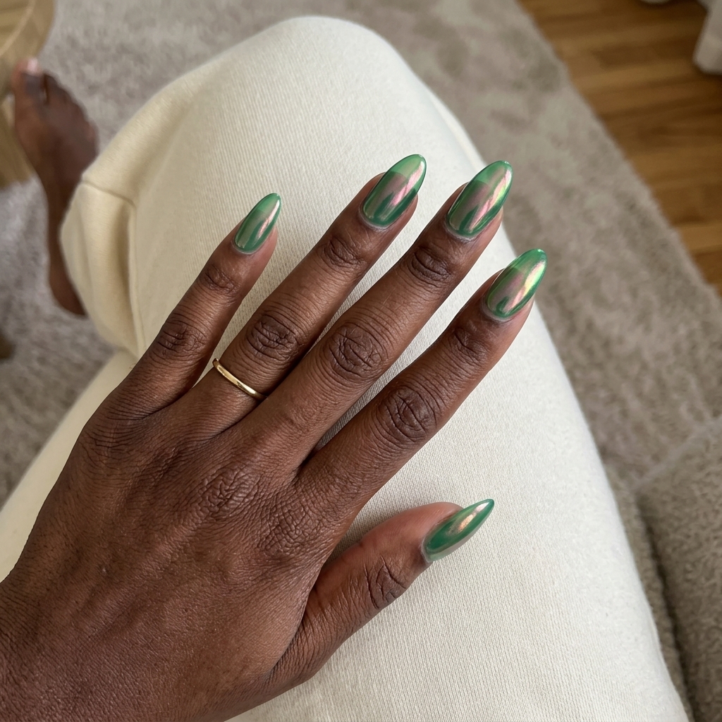 Emerald Chrome Glazed Donut nails for summer nails for dark skin 2026. Iridescent chrome shift on jelly green.