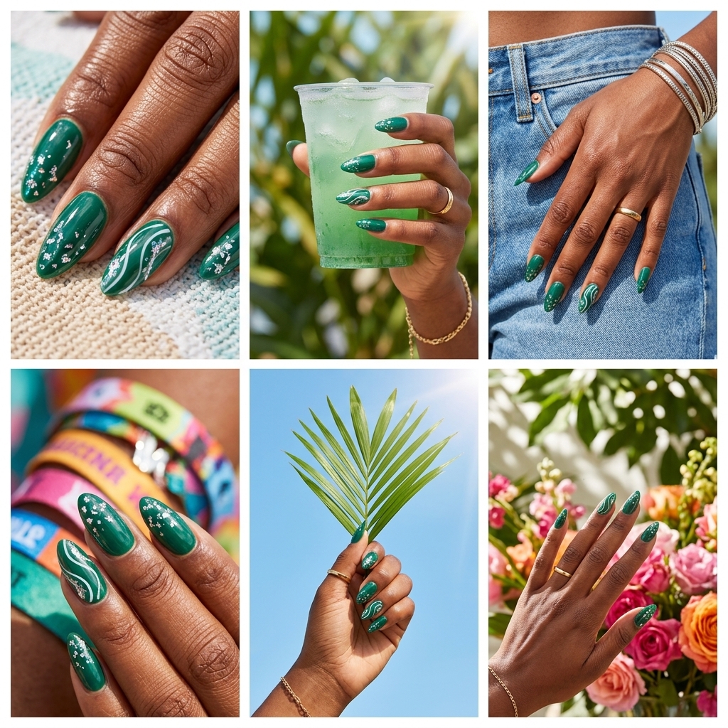 Emerald Holographic Swirls nails for summer nails for dark skin 2026. Deep green with silver flakes & white swirls.