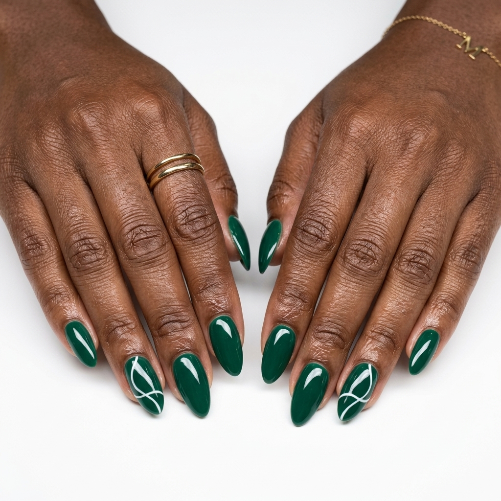 Emerald green linear art nails for dark skin 2026 - sophisticated gel polish for business casual.