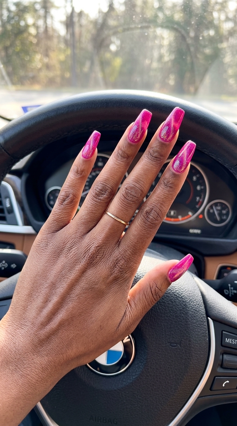 Fuchsia glitter cat-eye nails for dark skin 2026 - vibrant gel polish for festivals & parties.