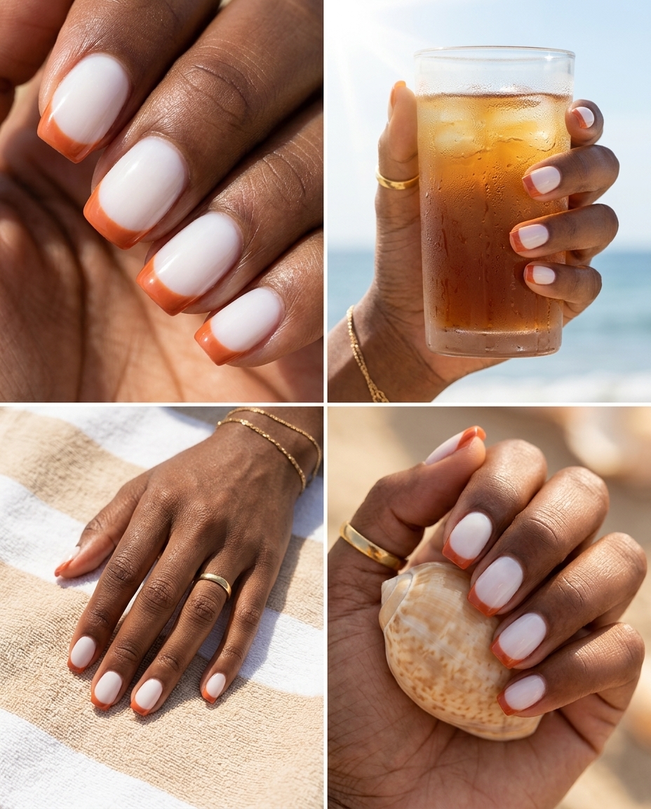 Milky Terracotta French nails for summer nails for dark skin 2026. Clean white base with earthy terracotta tips.