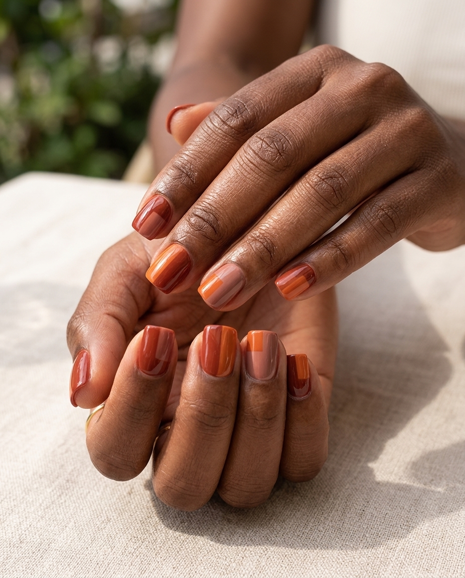 Terracotta color block square nails for dark skin 2026 - modern gel polish for casual wear.