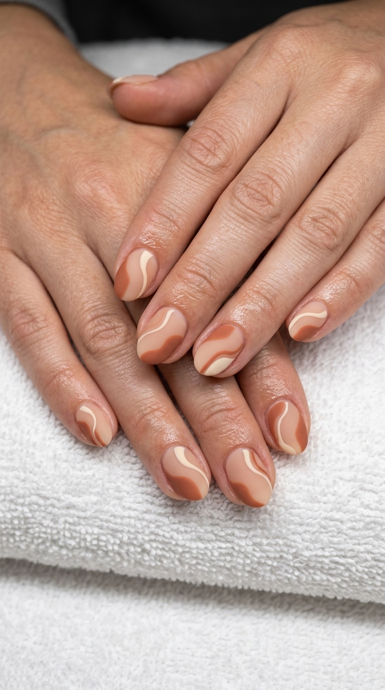 Terracotta Nude Abstract Flow nails for summer nails for dark skin 2026. Warm nude with earthy terracotta art.