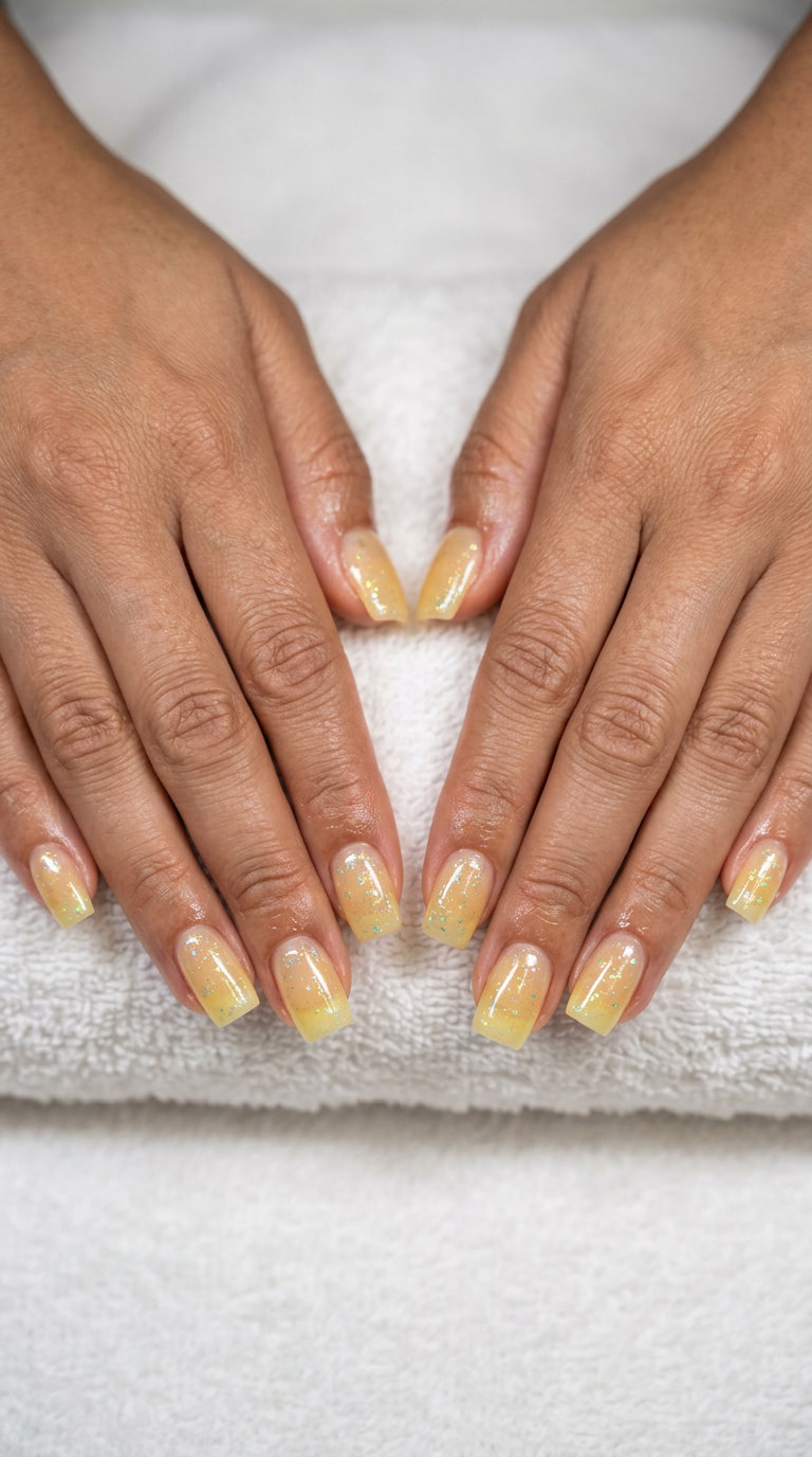 Playful Butter Yellow Nails 2026 Butter yellow holographic flakes on medium square nails for a playful, ethereal summer vacation vibe. Summer nails square medium 2026.