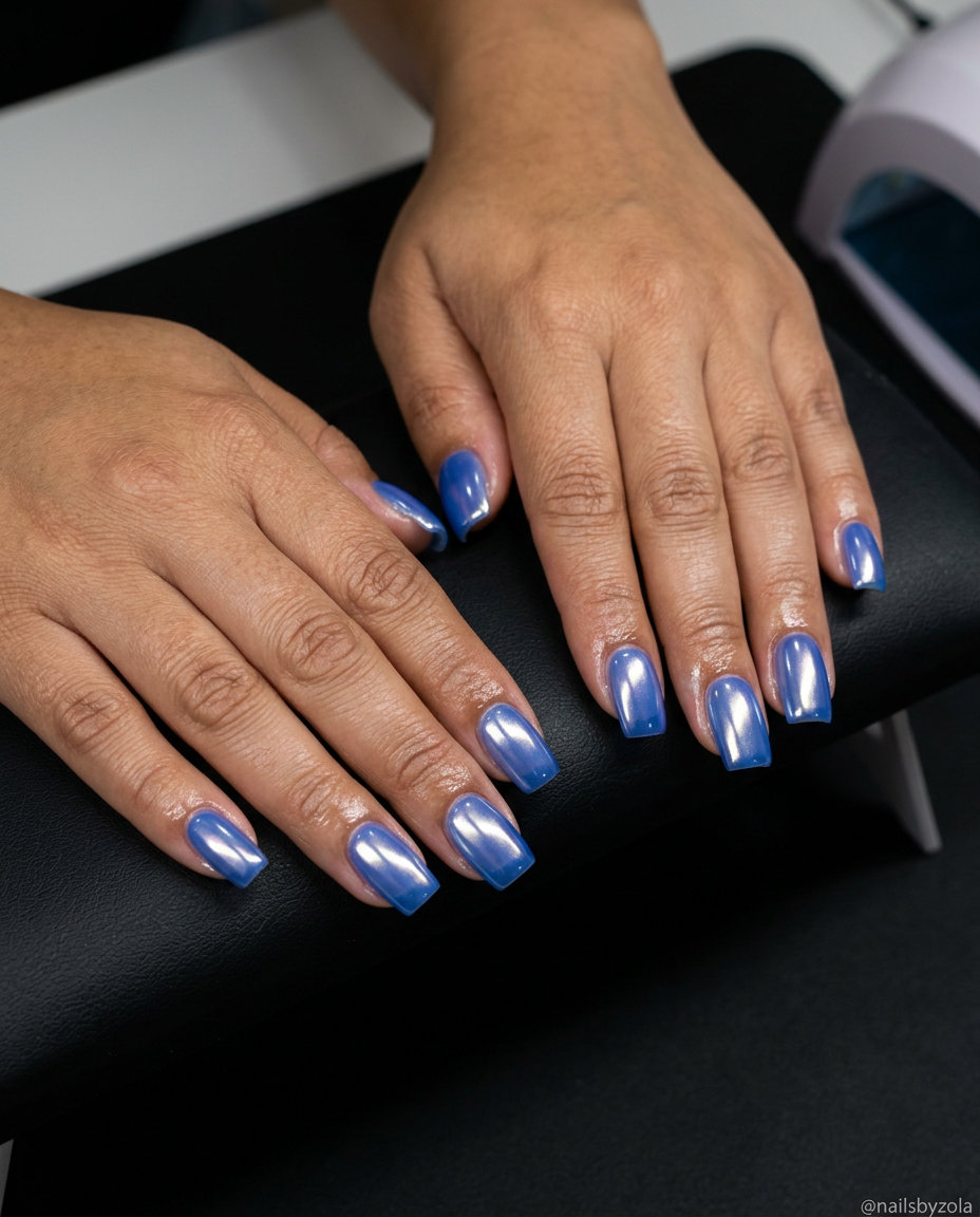 Summer Nails Square Medium 2026: Glazed Donut Blue Cobalt blue glazed donut medium square nails for summer nails 2026. Bold and glamorous party look.