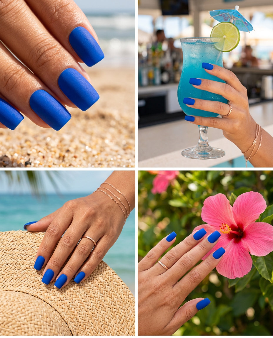 Summer Nails Square Medium 2026: Cobalt Blue Matte Cobalt blue matte medium square nails for summer nails 2026. Edgy and bold night out look.