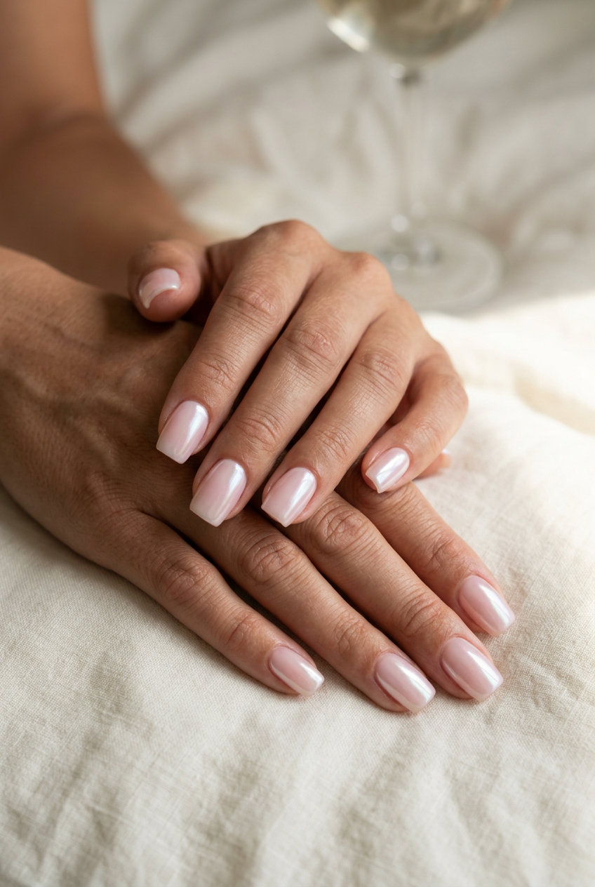 Summer Nails Square Medium 2026: Milky Pink Pearl Milky pink pearl medium square nails for summer nails 2026. Sophisticated for formal events.