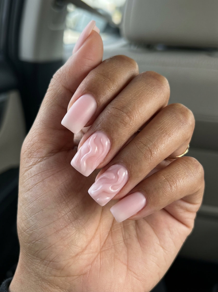 Whimsical Milky Pink Textured Nails 2026 Milky pink nails with textured art on medium square shape for a whimsical, artistic casual look. Summer nails square medium 2026.