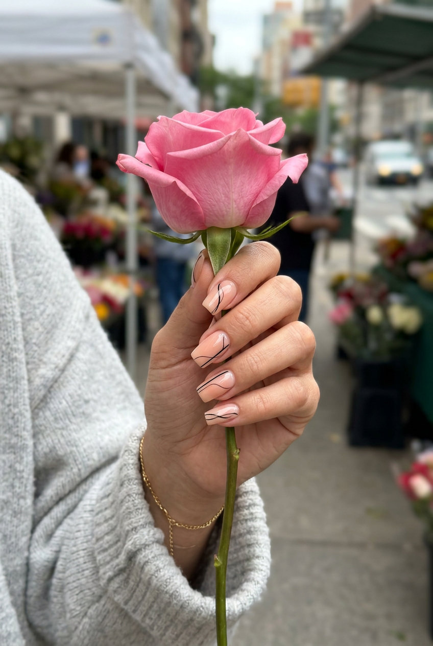 Chic Peach Fuzz Line Art Nails 2026 Peach fuzz nails with minimalist black/white lines on medium square shape for a chic, sophisticated look. Summer nails square medium 2026.