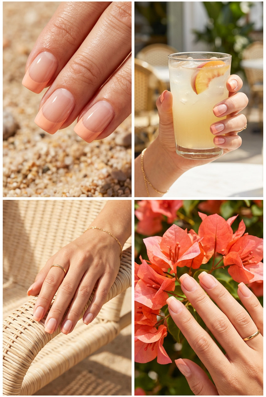 Sophisticated Peach Fuzz French Nails 2026 Peach fuzz reverse French tips on medium square nails for a sophisticated office chic or soft glam look. Summer nails square medium 2026.