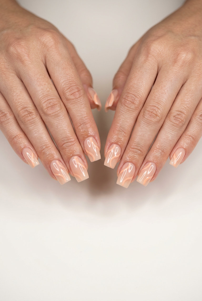 Summer Nails Square Medium 2026: Peach Fuzz Swirls Peach fuzz swirl medium square nails for summer nails 2026. Bohemian and artistic festival style.