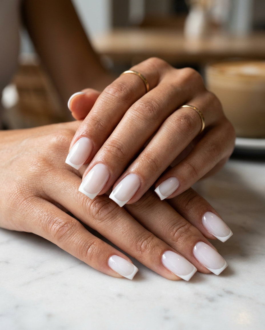 Summer Nails Square Medium 2026: Chic French Tips Sheer white medium square nails with opaque French tips for summer nails 2026. Minimalist and chic.