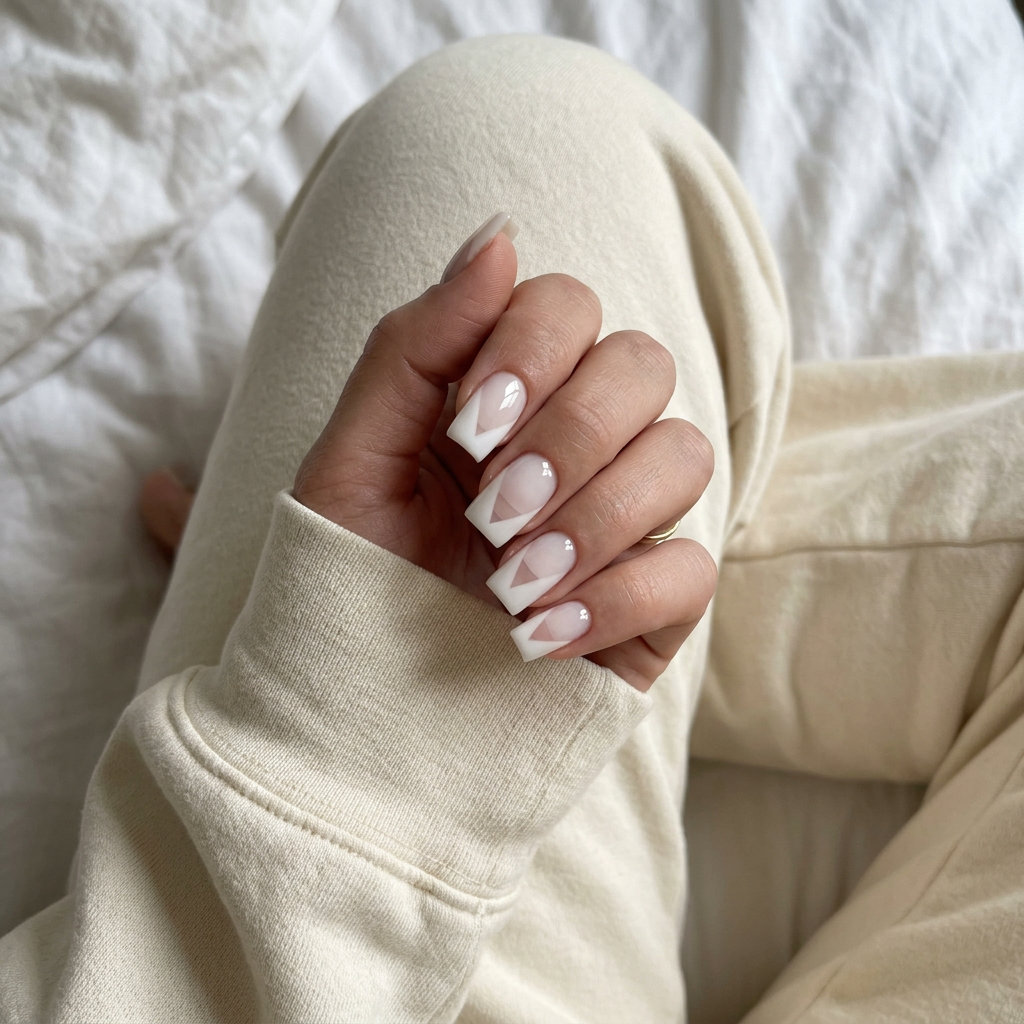 Modern Sheer White Geometry Nails 2026 Sheer white negative space geometry on medium square nails for a modern, minimalist chic look. Summer nails square medium 2026.