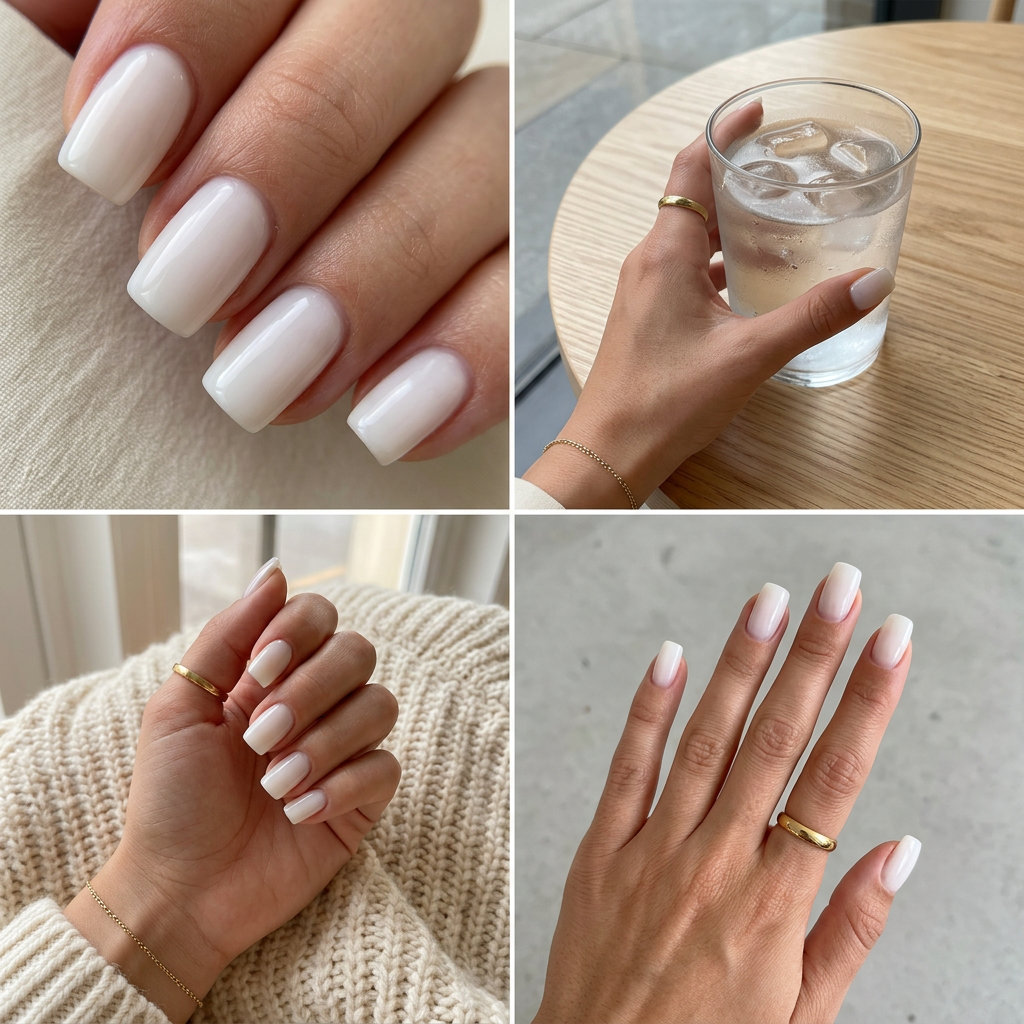 Clean Girl Sheer White Nails 2026 Sheer white builder gel overlay on medium square nails for a clean-girl, minimalist look. Summer nails square medium 2026.