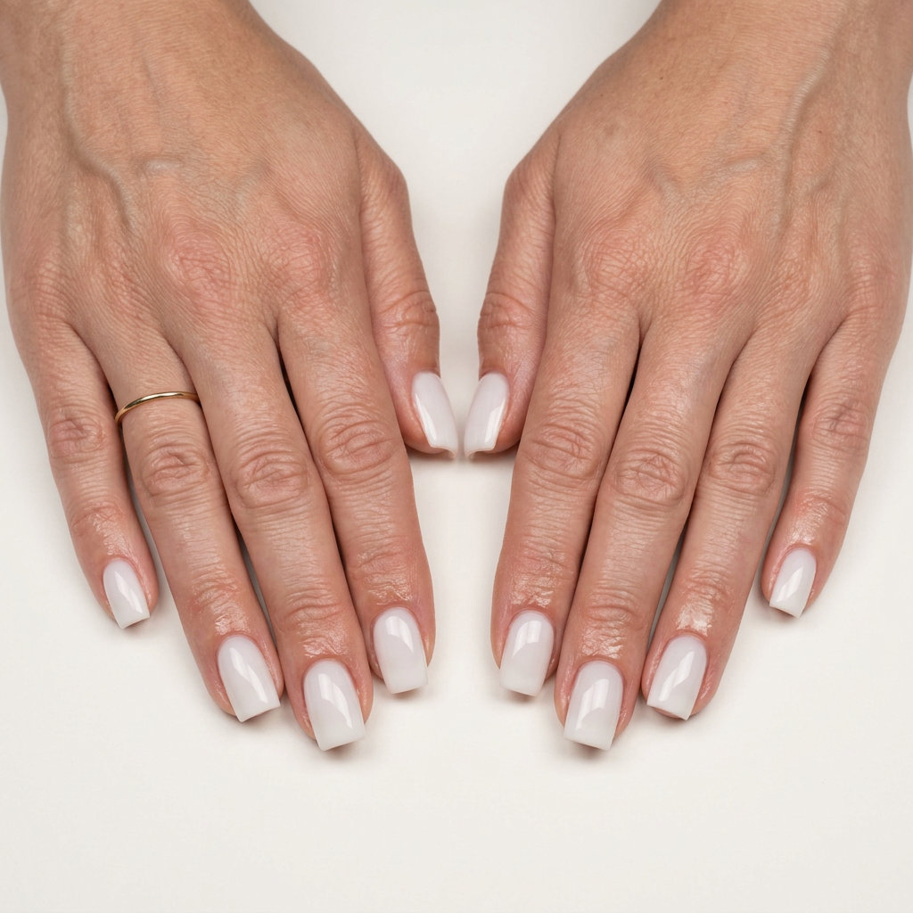 Minimalist Chic White Nails 2026 Solid sheer white gel polish on medium square nails for a minimalist chic, work-appropriate look. Summer nails square medium 2026.