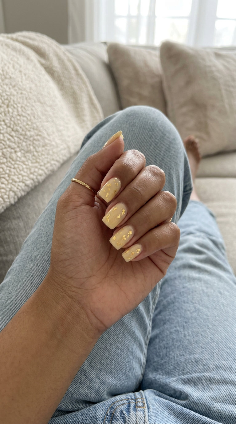 Butter Yellow Foil Flake Sunshine Nails 2026 Butter yellow foil flake sunshine square nails for summer 2026. Playful gold flakes for vacation.