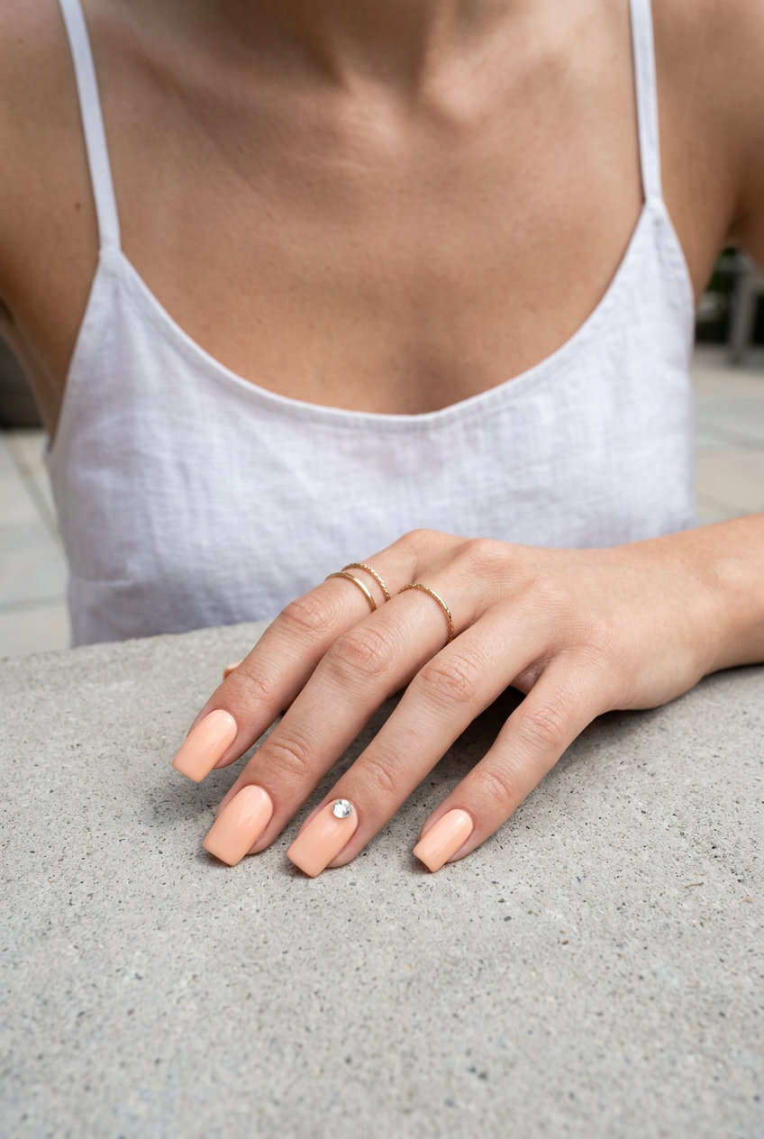 Peach Fuzz Rhinestone Accent Nails 2026 Peach fuzz rhinestone accent square nails for summer 2026. Glamorous with subtle sparkle.