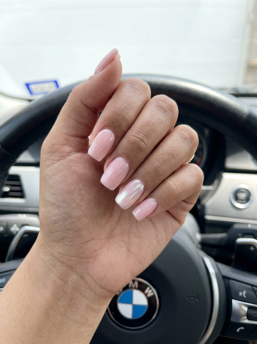 Subtle Pearl Chrome Accent Nails 2026 Subtle pearl chrome accent square nails for summer 2026. Sophisticated milky pink with iridescent shift.