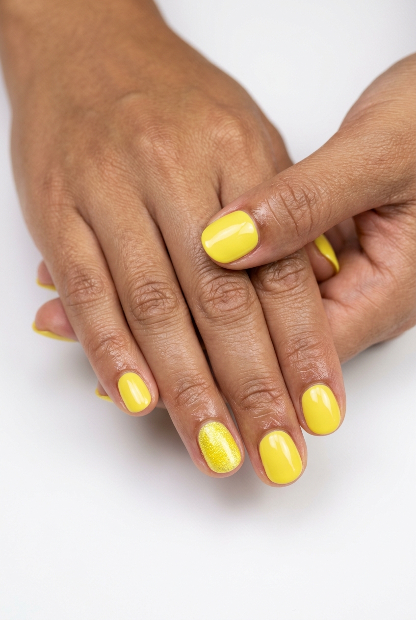 Subtle lemon zest glitter accent on sheer nude nails for a playful, understated look. Summer nails yellow 2026.