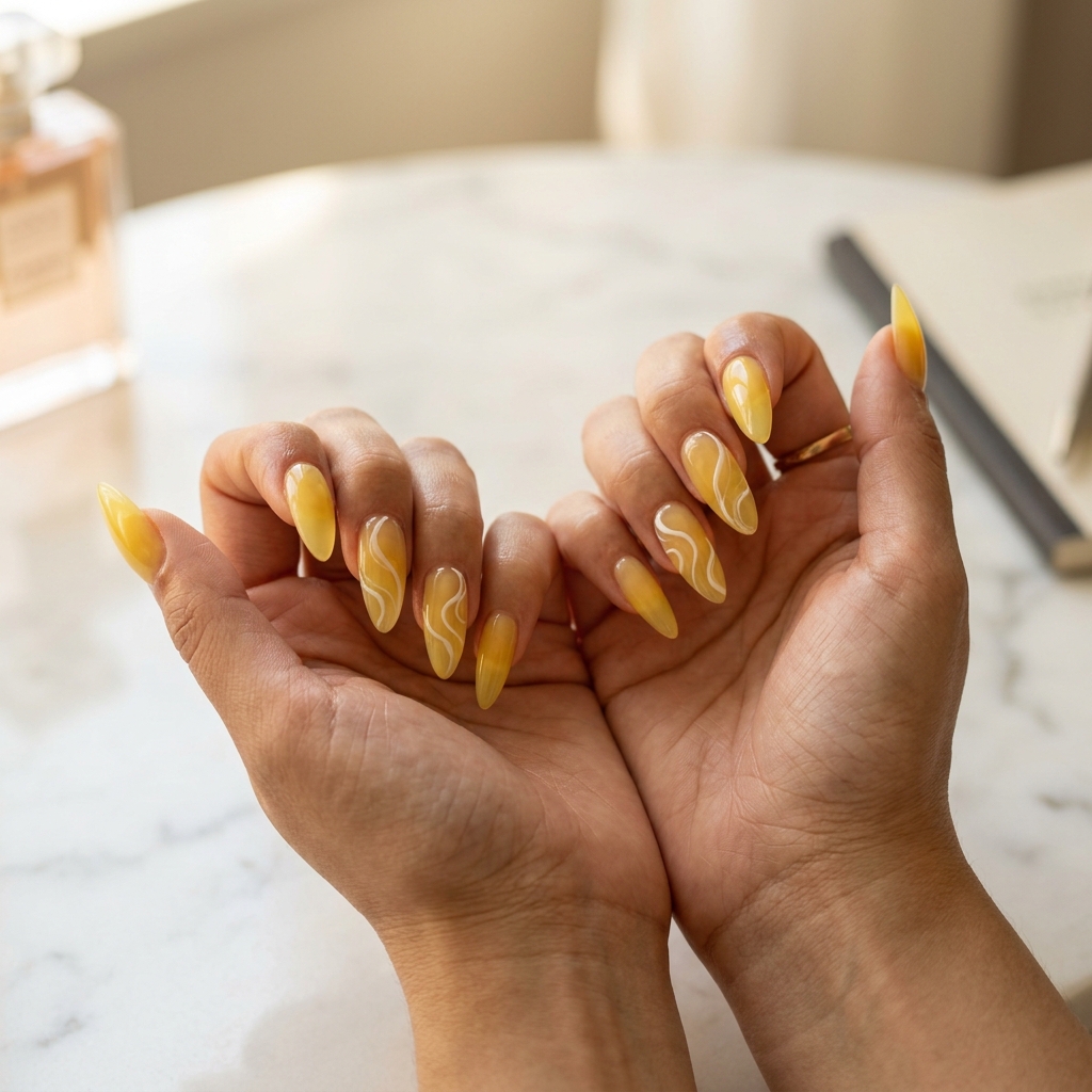 Translucent lemonade yellow nails with milky white abstract swirls for a playful vacation look. Summer nails yellow 2026.