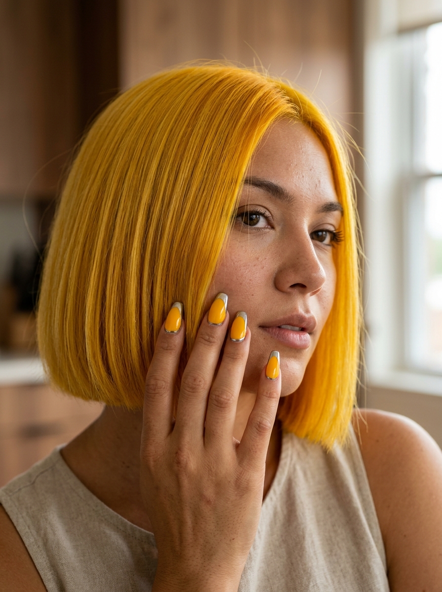 Glamorous marigold yellow coffin nails with a high-shine silver chrome French tip for parties. Summer nails yellow 2026.
