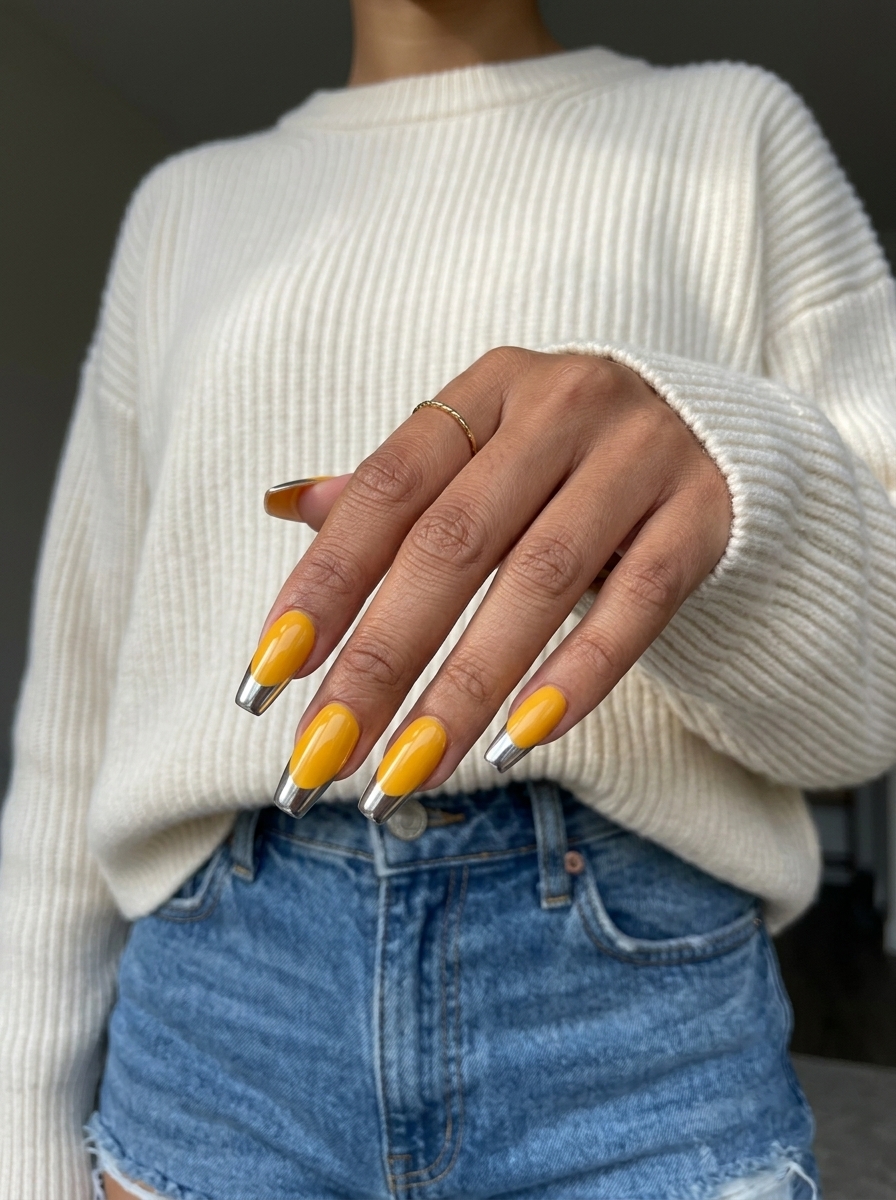 Glamorous marigold yellow coffin nails with a reflective silver chrome French tip. Summer nails yellow 2026.