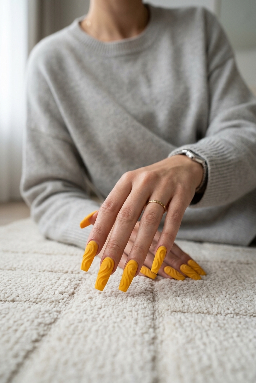 Edgy marigold yellow nails with textured sculpted swirls for a bold statement. Summer nails yellow 2026.