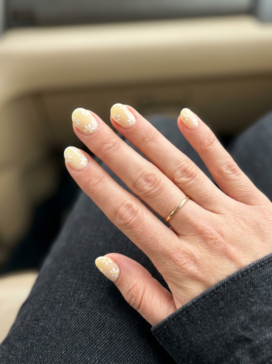 Romantic milky pastel yellow nails with dainty floral accents for garden parties and spring events. Summer nails yellow 2026.