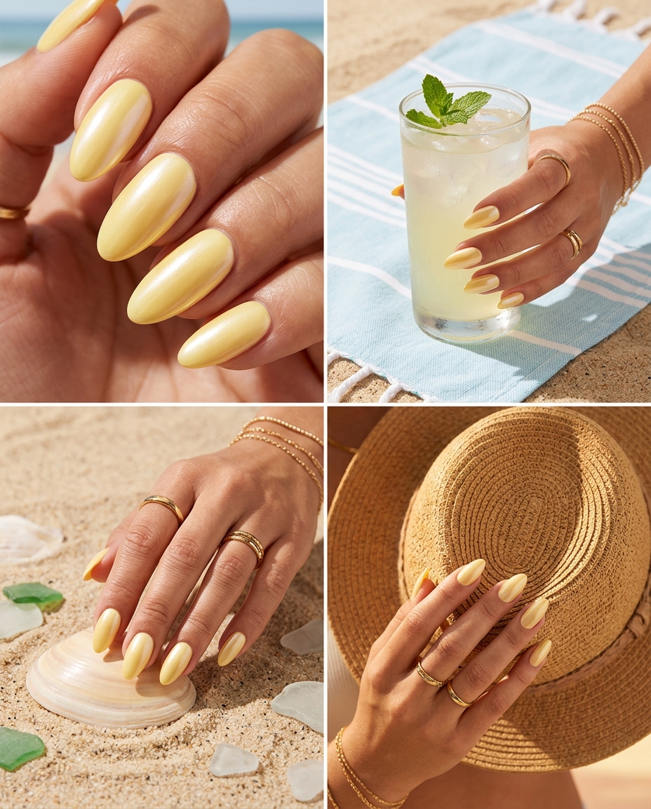Glazed Butter Yellow Donut: Glamorous butter yellow nails with pearlescent sheen for summer nails yellow 2026, perfect for date night.