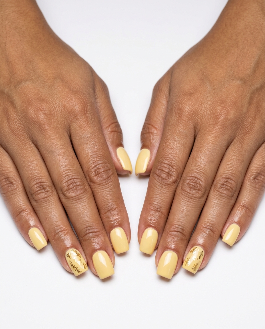 Elegant creamy butter yellow nails with gold foil accents for daily wear and brunch. Summer nails yellow 2026.