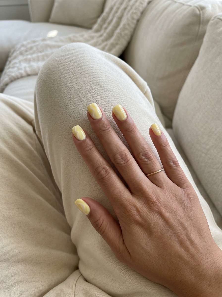 Sophisticated light lemonade yellow marble nails for daily wear and office. Summer nails yellow 2026.