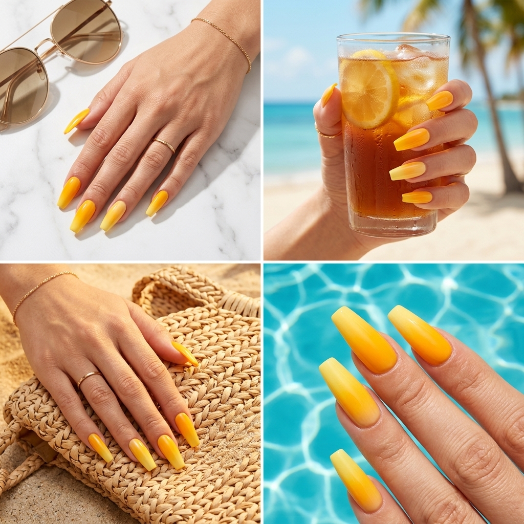 Marigold Airbrushed Sunset Gradient: Dreamy marigold to pale yellow gradient nails for summer nails yellow 2026, perfect for festivals.
