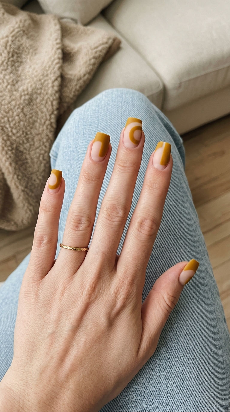 Negative Space Mustard Yellow: Minimalist mustard yellow abstract shapes on clear nails for summer nails yellow 2026, edgy & modern.