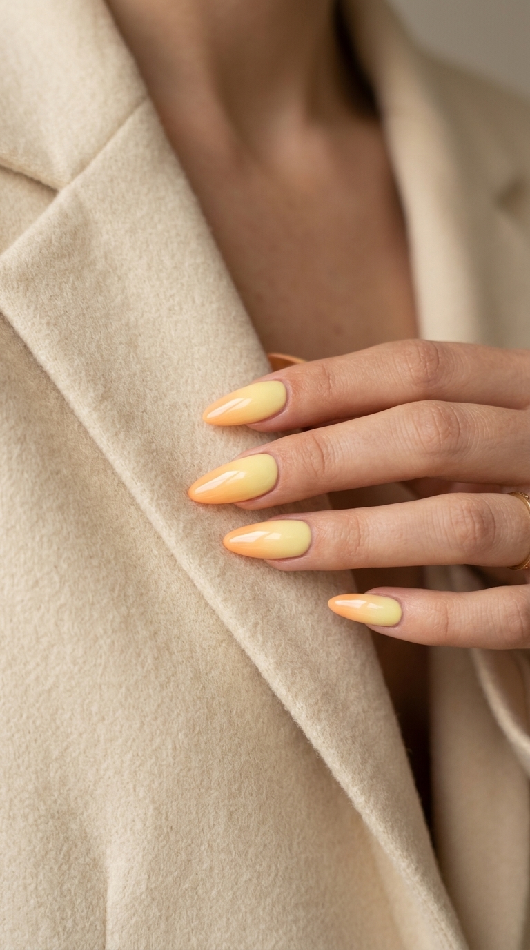 Romantic sunset lemonade yellow to orange ombre nails for date nights and summer events. Summer nails yellow 2026.