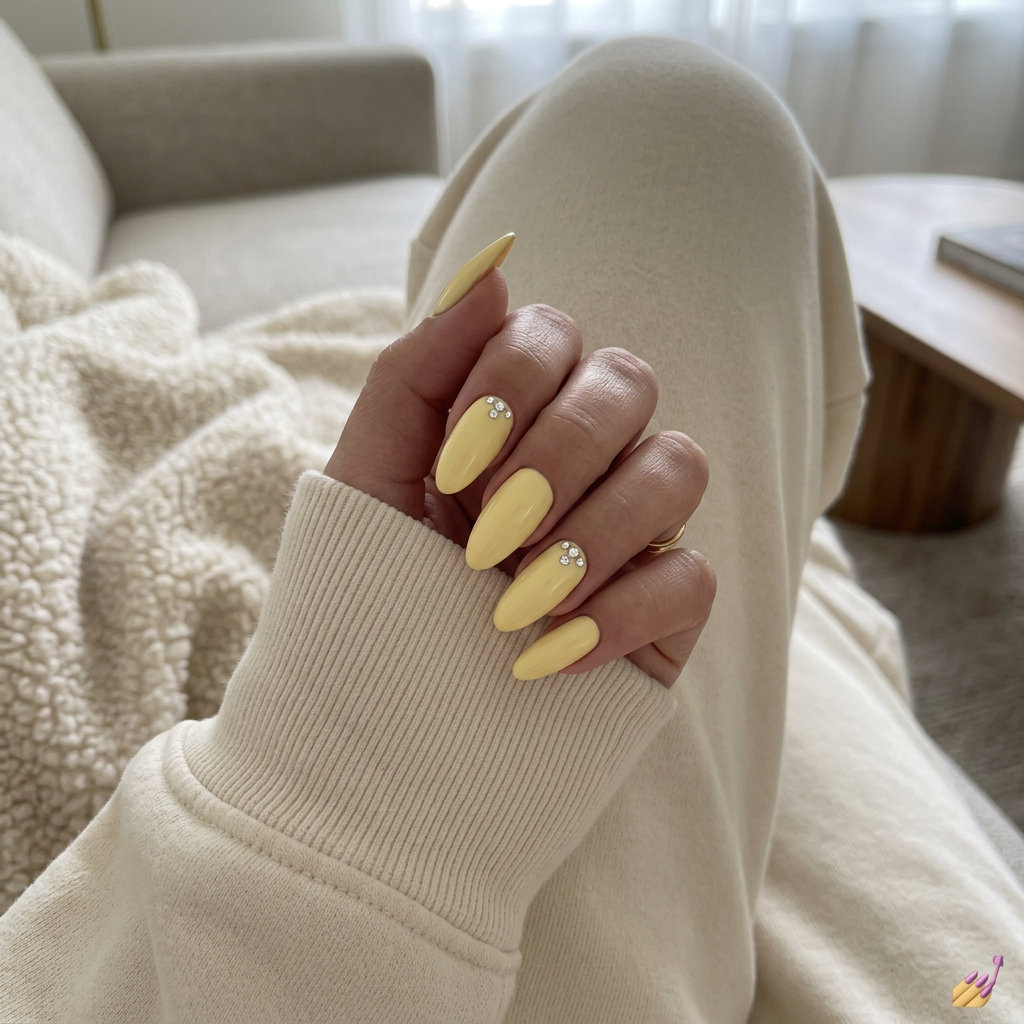 Elegant pastel yellow nails with rhinestone accents for wedding guests and garden parties. Summer nails yellow 2026.