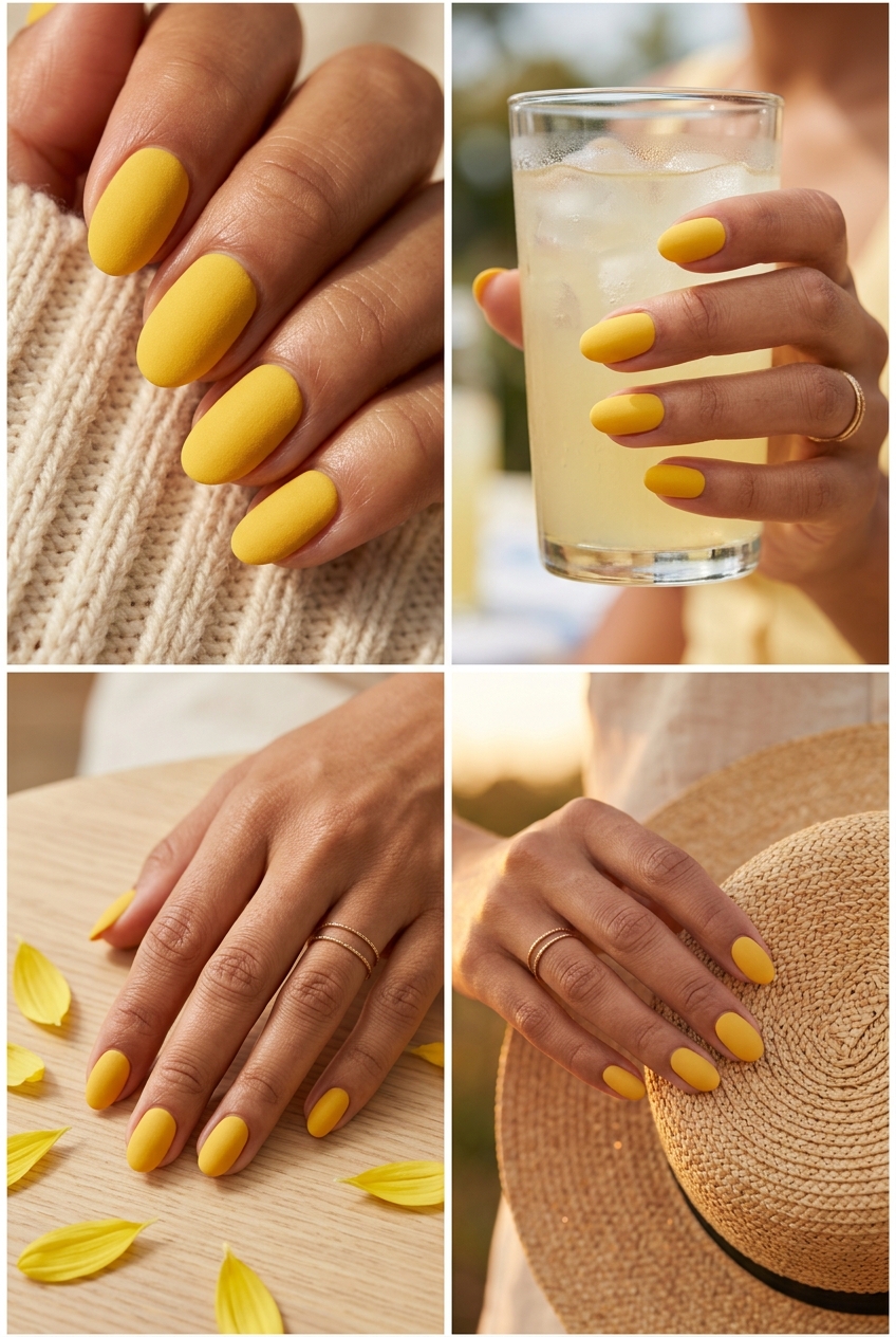 Luxurious velvet matte lemonade yellow nails for formal events and sophisticated casual wear. Summer nails yellow 2026.