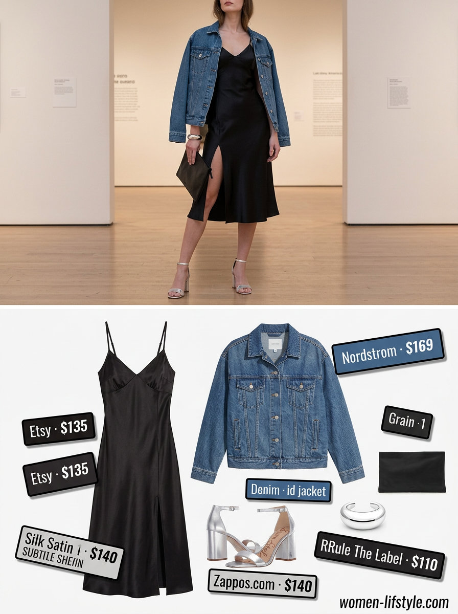 Summer oversized denim jacket outfit for women 2026: Denim jacket, slip dress, silver sandals, clutch.