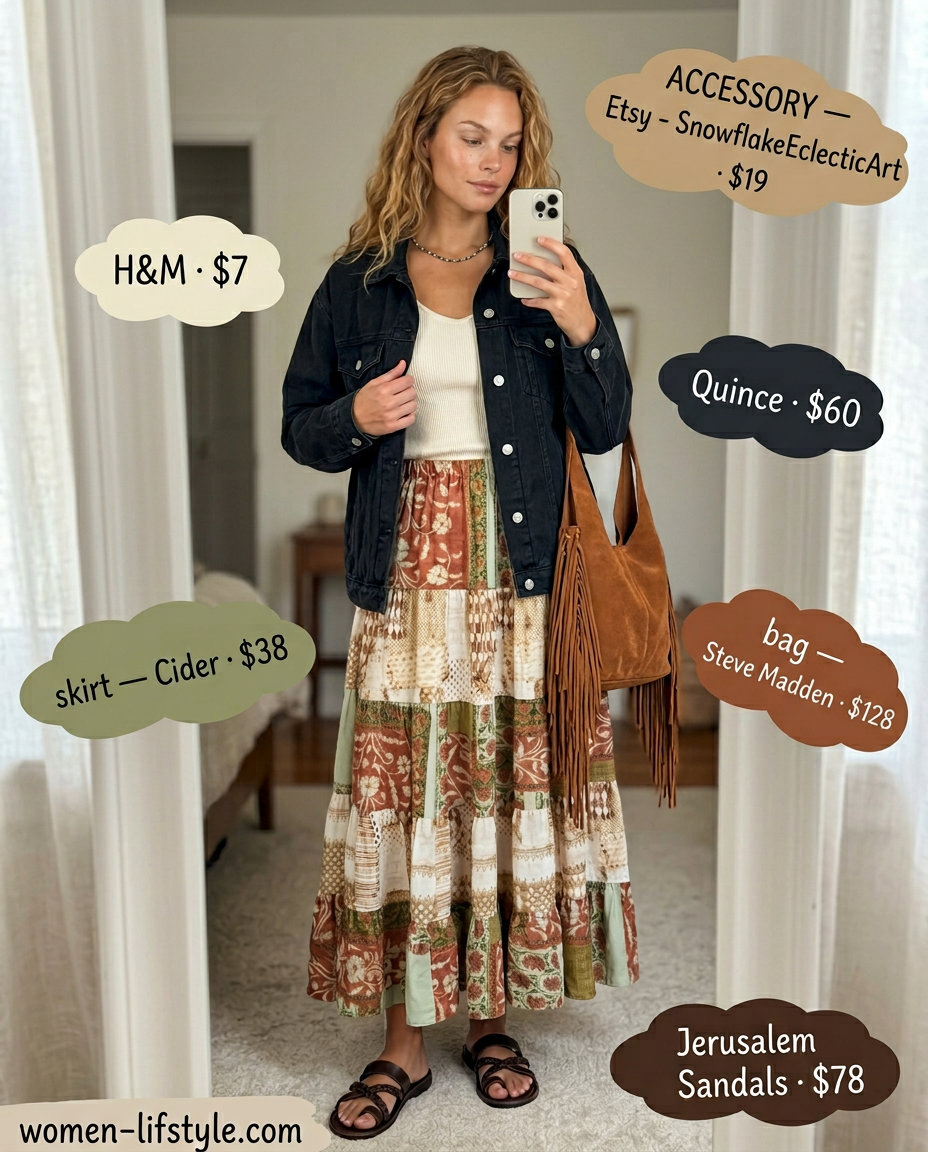 Summer oversized denim jacket outfits for women 2026: Boho summer dream with flowy maxi skirt and flat sandals.
