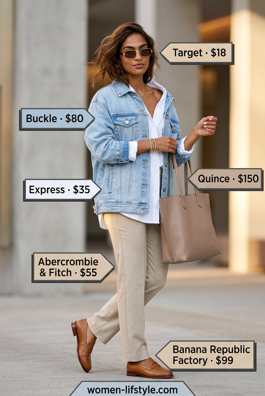 Summer oversized denim jacket outfit for women 2026: Denim jacket, white shirt, trousers, loafers, tote.