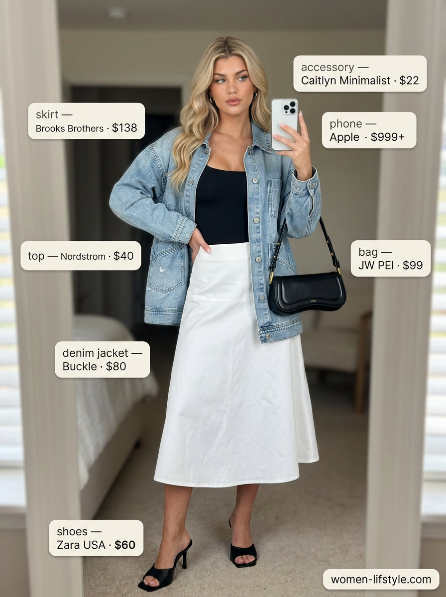 Summer oversized denim jacket outfits for women 2026: Chic city look with A-line midi skirt, bodysuit, and heeled mules.