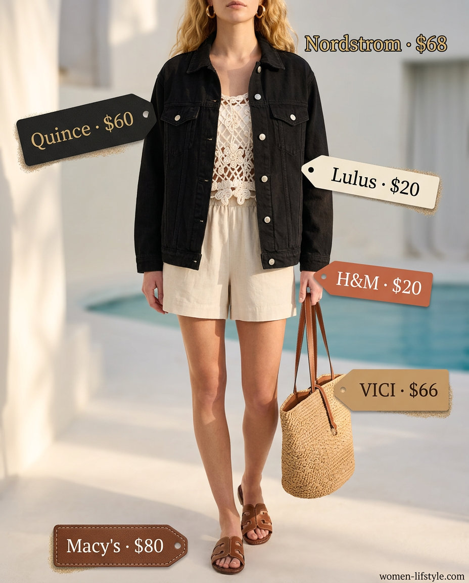 Summer oversized denim jacket outfits for women 2026: Coastal breeze casual look with linen shorts, crochet top, and straw tote.