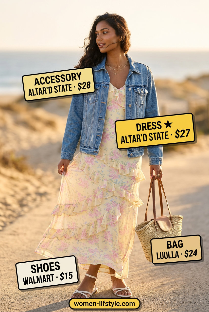 Summer Oversized Denim Jacket Outfits for Women 2026: Bohemian maxi dress and straw tote for beach days.