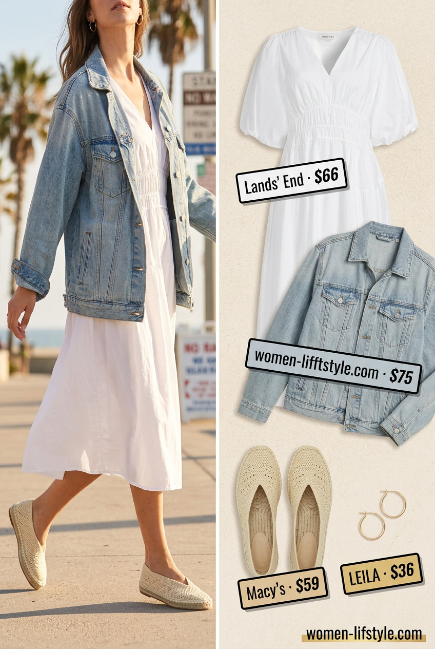 Summer oversized denim jacket outfit for women 2026: Denim jacket, linen dress, espadrilles, straw tote.