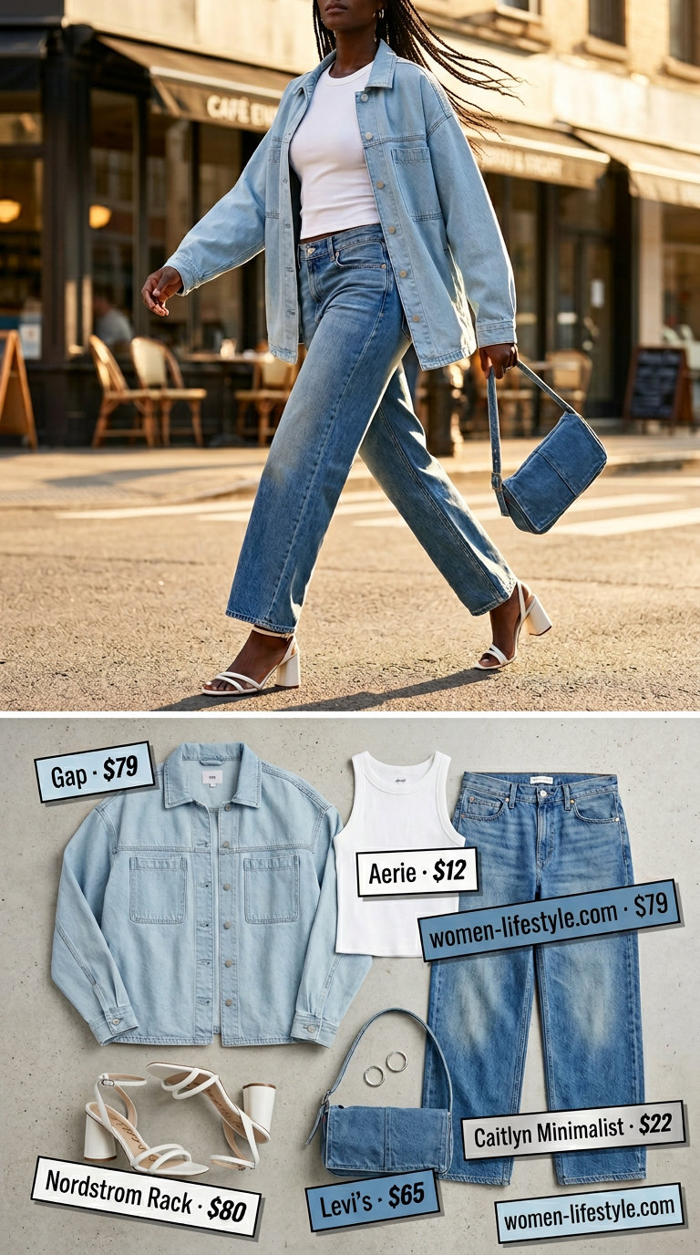 Summer Oversized Denim Jacket Outfits for Women 2026: Chic denim on denim with midi skirt and block heels.